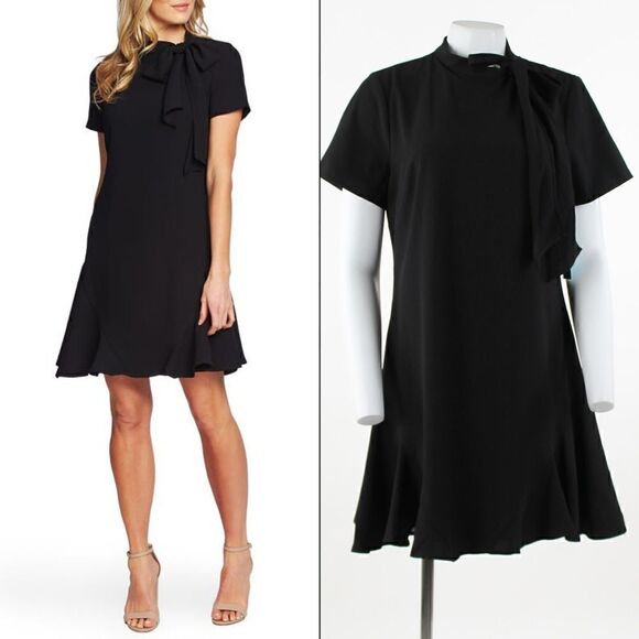 CeCe Bow Neck Short Sleeve Dress in Rich Black - Picture 1 of 5
